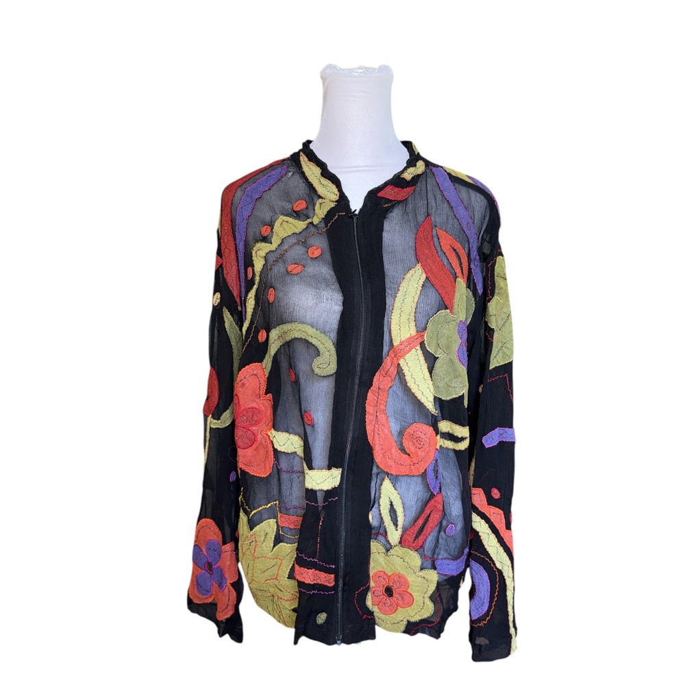 Chicos Silk Sheer‎ Floral Applique Zip Jacket Black Multi Color Size 3